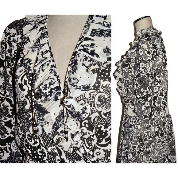 Vintage Susan Freis Georgette Graphic Print Midi Dress | Black & White | M/L - Picture 6 of 10